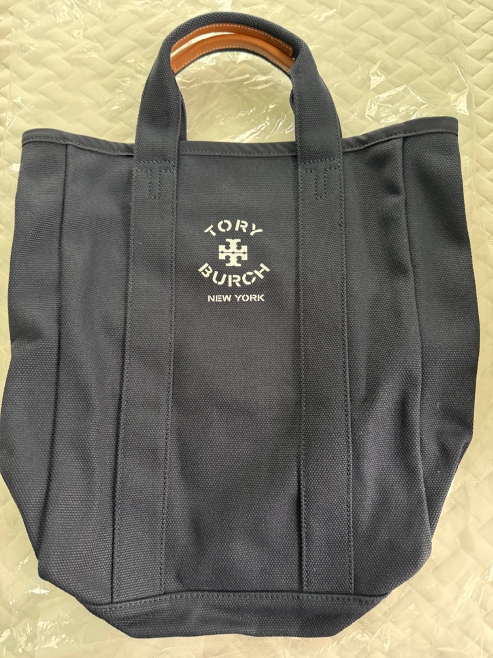 Tory Burch Navy Canvas Tote with Tan Leather-Trim Handles